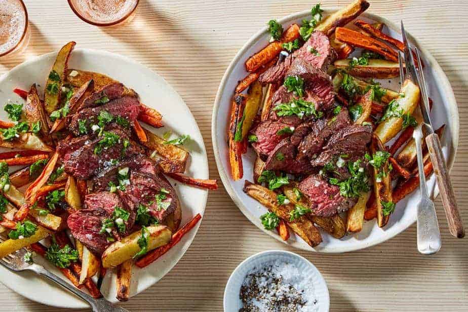 Seared Steak & Lemony Herb Salsa with Roasted Potatoes & Carrots