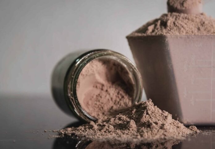Whey protein powder nutritional bodybuilding product.